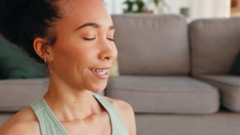 Yoga,-lotus-and-black-woman-in-her-home