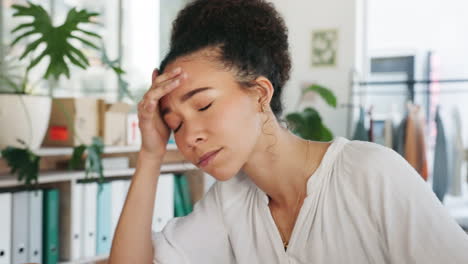 Designer,-stress-and-black-woman-with-headache