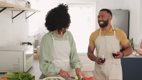 Kiss,-cooking-and-black-couple-toast-with-wine