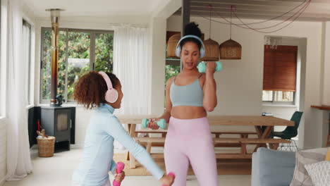 Mother,-kid-and-workout-in-family-home