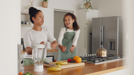Dance,-happy-or-mother-and-child-in-kitchen