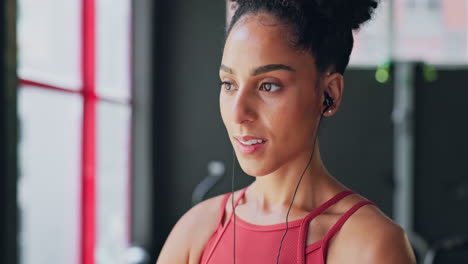 Black-woman,-breathe-and-earphones-for-music