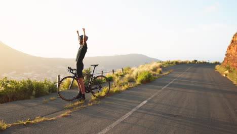 Man,-bicycle-and-fitness,-celebrate-on-the-road