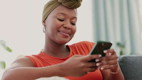 Smartphone,-scroll-and-black-woman-on-sofa-social
