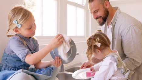 Family,-father-and-girls-washing-dishes-in-kitchen