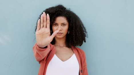 Black-woman-portrait,-stop-hands-palm-sign