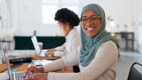 Islamic-woman,-business-and-laptop-doing-typing