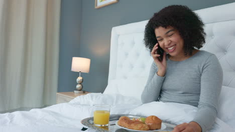 Happy-woman,-phone-call-and-breakfast-in-bedroom