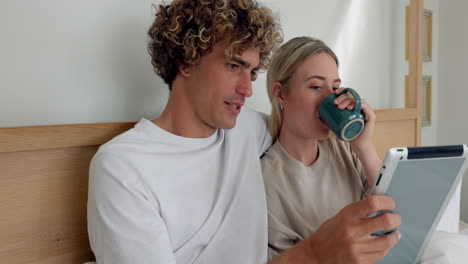 Couple,-tablet-and-drinking-coffee-in-bed