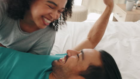 Love,-couple-and-hair-stroke-on-bed-in-home