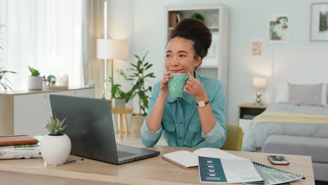 Woman,-coffee-and-remote-work-from-home-consultant