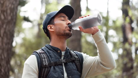 Hike,-drinking-water-and-man-on-a-nature-walk