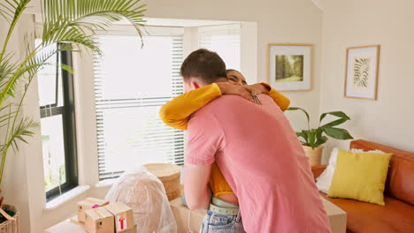 Moving,-couple-and-man-with-keys-for-woman