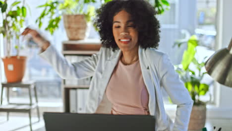 Business-laptop,-dance-and-black-woman-in-office