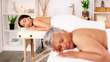 Spa,-massage-and-women-sleeping-on-beds-in-luxury