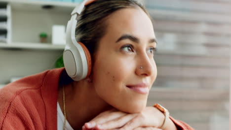 Woman,-face-and-headphones-listening-to-music