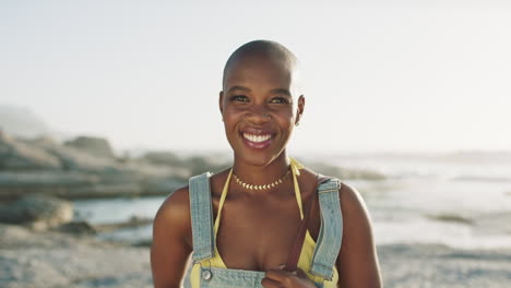 Summer,-happiness-and-face-of-black-woman-by-beach