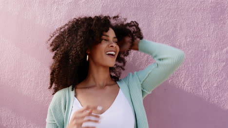 Black-woman,-happy-and-retro-hair-care-in-sunshine