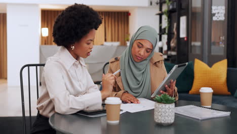 Muslim,-diversity-and-business-women-with-tablet