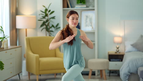 Woman,-yoga-and-stretching-in-home-living-room