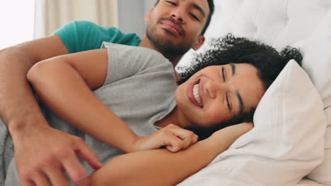 Couple,-talking-and-happy-cuddle-in-the-bed-to
