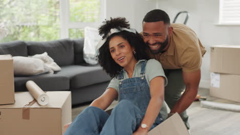 Black-couple,-moving-and-new-house-while-happy