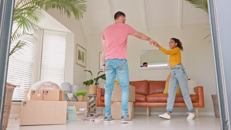 Real-estate,-moving-and-couple-dance-for-new-home