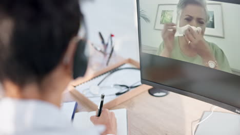 Video-call,-doctor-and-sick-patient-on-screen