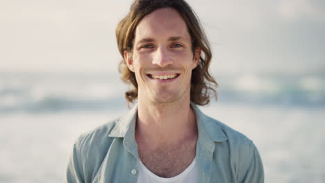 Portrait,-man-and-smile-at-beach