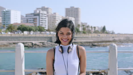 Beach,-headphones-and-face-of-woman-with-music