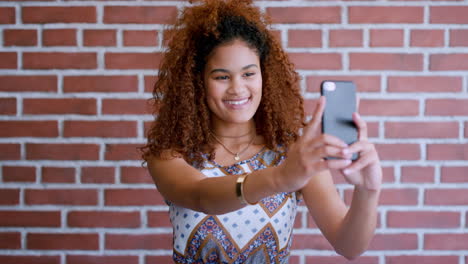 Wall,-woman-and-smartphone-for-selfie