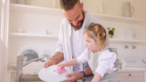 Father,-girl-or-washing-dishes-in-house-kitchen