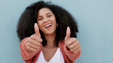 Thumbs-up,-smile-and-happy-black-woman-standing