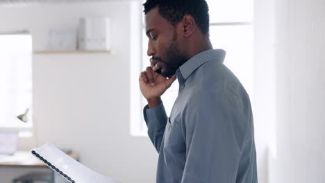 Black-man,-phone-call-and-planning-business