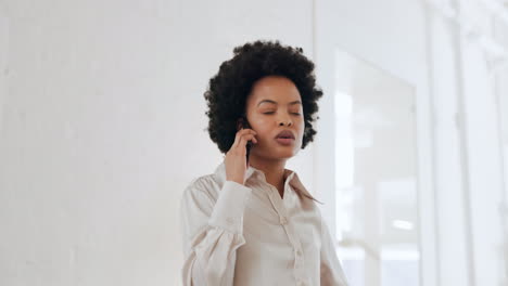 Black-woman,-stress-and-phone-call-for-business