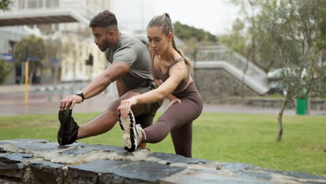 Fitness,-couple-or-friends-stretching-for-workout