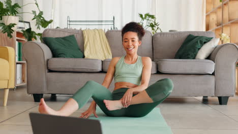 Black-woman,-laptop-and-fitness-online-class