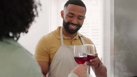 Drinking,-wine-toast-and-black-couple-cooking