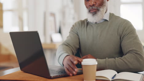 Black-man,-laptop-and-coffee-for-remote-work-as