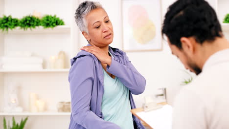 Neck-pain,-doctor,-woman-and-patient-talking