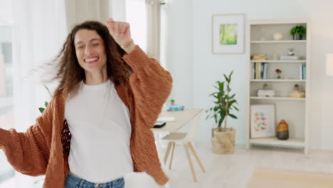 Woman,-home-and-happy-dance-in-a-living-room