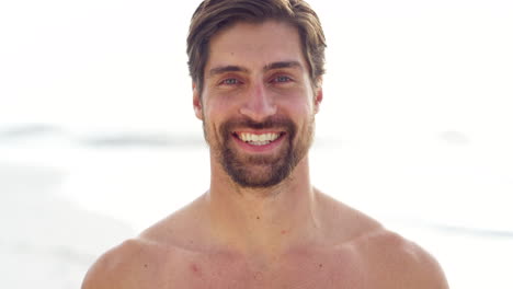 Face,-beach-and-smile-with-a-shirtless-man