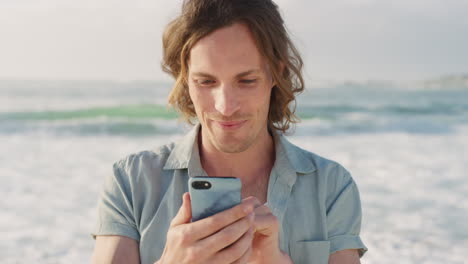 Man,-phone-and-beach-while-thinking-during-chat