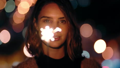 Woman,-face-and-night-sparkler-with-bokeh-lights