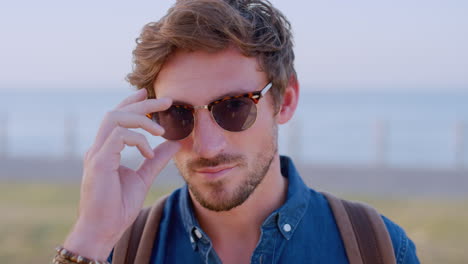 Face,-man-and-sunglasses-for-beach-travel