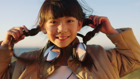 Girl,-kid-and-face-with-travel-and-headphones