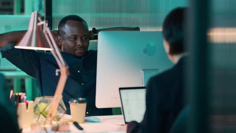 Computer,-office-and-tired-black-man-at-night
