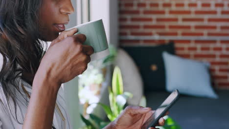 Coffee,-phone-or-black-woman-on-social-media-to