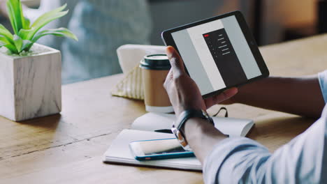 Digital-tablet,-coffee-and-creative-employee