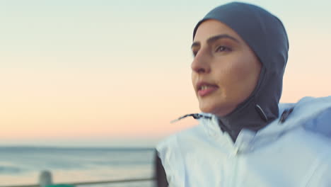 Muslim-face,-woman-and-running-at-beach